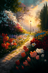 复古贴纸背景背景图片_小路鲜花树路灯阳光里的花园花卉油画背景