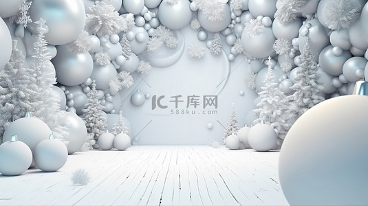 圣诞球假日模板 3D 冬季组合物，以节日白色为新年背景