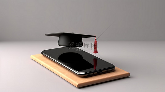 学术科技背景图片_白色背景，带有毕业帽和空移动显示屏，适合您的设计 3D 渲染
