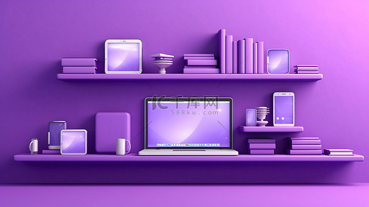 科技感ppt横板背景图片_紫色墙架的 3D 插图，配有电脑笔记本电脑手机和平板电脑