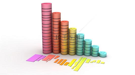 金钱主题信息图，在 3D 渲染中的白色背景上带有平面图形和彩色柱