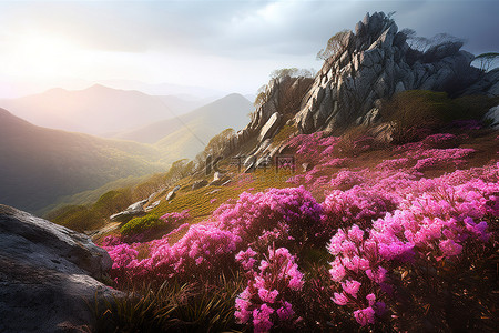 日出时，粉红色的花朵在山上的悬崖上绽放