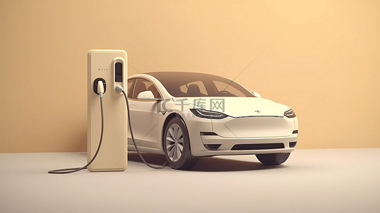 米色和白色背景下电动汽车充电插头的 3D 渲染