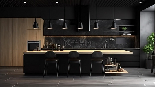 黑色效果图背景图片_具有时尚 3D 效果图的现代木质厨房