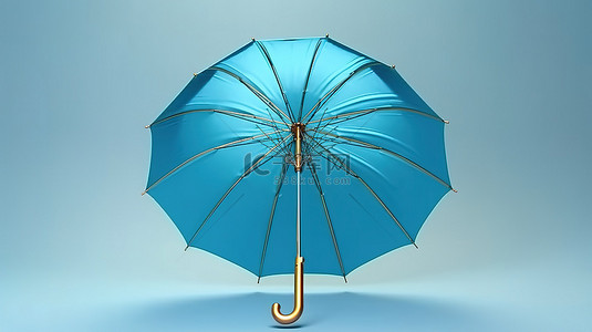 经典雨配件的 3D 渲染，蓝色雨伞漂浮在正面和顶部视图中