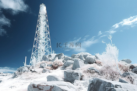 冰天雪地人背景图片_岩石上的无线电塔，上面覆盖着冰
