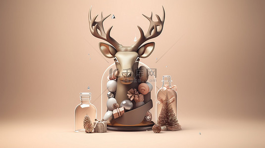 红鼻子驯鹿鲁道夫背景图片_节日驯鹿脸，圣诞树雪橇和礼品盒装在玻璃罐中，令人惊叹的 3D 插图