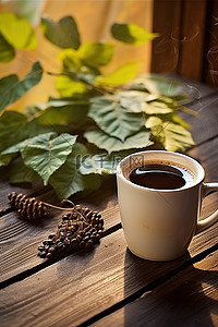茶背景图片_在木桌上的咖啡杯与叶子
