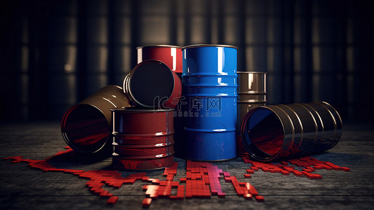 通过红色图蓝色喷嘴和黑色桶的 3D 渲染可视化油价下跌