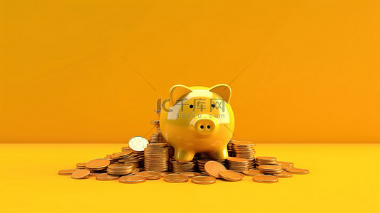 双11省钱大作战背景图片_黄色背景上堆放着金币，上面有存钱罐