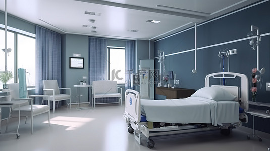 产后康复价目表背景图片_带床和呼吸机的医院康复室逼真的 3D 渲染