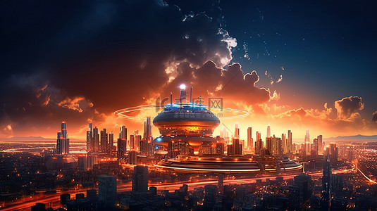科幻场景中由原子能驱动的未来城市天际线的全景 3D 数字艺术