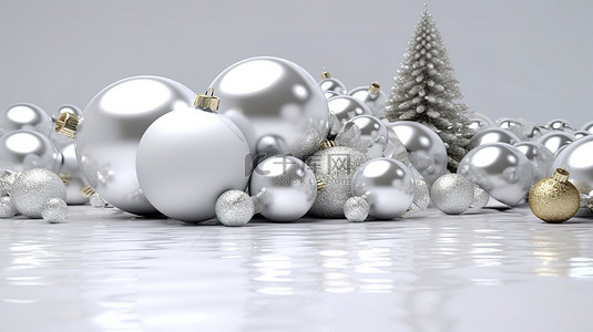 金雪背景图片_节日 3D 渲染白松和圣诞节和新年背景的装饰装饰品