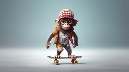扁平人物插图背景图片_具有酷炫时髦外观的滑板猴子的 3D 渲染插图