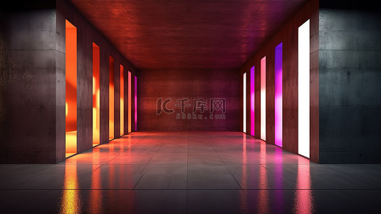 彩色几何线条和照明混凝土走廊内部的 3D 渲染