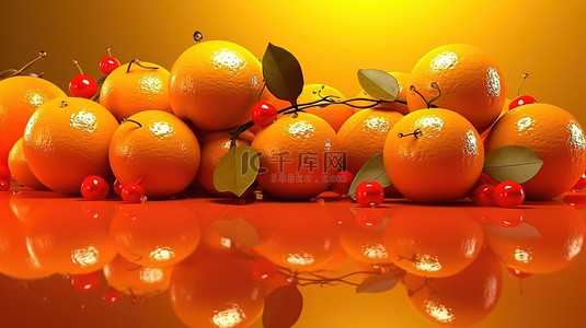 愉悦背景图片_20 世纪最逼真的 3d 柠檬和樱桃插图，以令人愉悦的橙色背景为背景，带有生动的水果反射