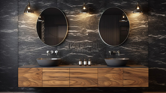 双木盆，带双镜子和壁灯，采用时尚的黑色大理石时尚 3D 浴室设计