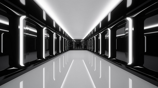 透视空间背景背景图片_时尚的单色走廊，从正面看，长空间的 3D 渲染配有 LED 照明白色光泽地板和黑色墙壁
