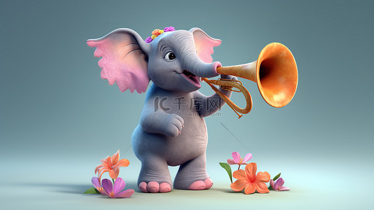 俏皮的 3D 大象插画在喇叭上干扰