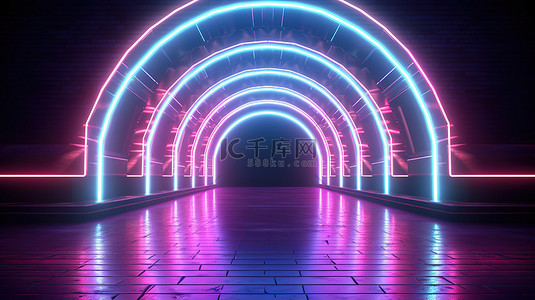 霓虹灯拱门和箭头填充隧道的 3d 渲染