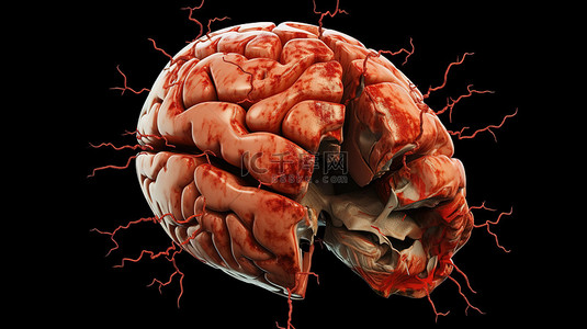 3D 渲染中具有损伤感染或其他损伤区域的大脑插图