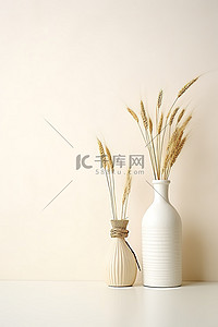 白色地板上的两个花瓶，上面有麦树枝