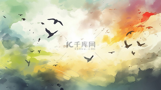 剪影小鸟背景图片_天空彩色云朵水彩插画