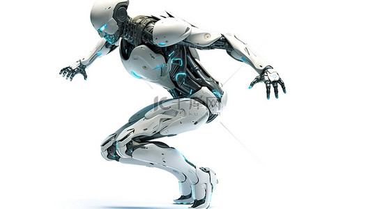 孤立在白色女性机器人或机器人上 3D 渲染跳跃或跳跃