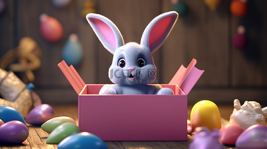 精致的复活节组合物可爱的卡通兔子，配有彩绘鸡蛋和礼品盒 3D，插图美丽的背景