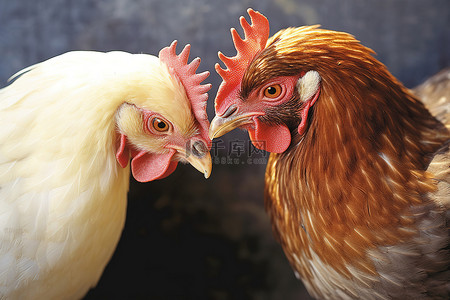 两只头和脸呈棕褐色的鸡互相看着