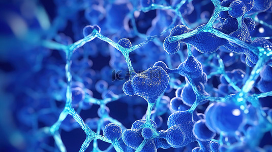 生物学和医学中的分子研究 蓝色细胞背景与 DNA 的 3D 渲染