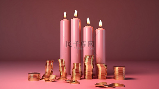 红色烛台背景图片_3d 渲染中粉红色背景中的股市下降趋势烛台箭头和硬币