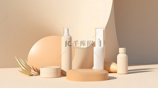 卫生用品背景图片_3d 渲染护肤化妆品套装的阳光墙展示