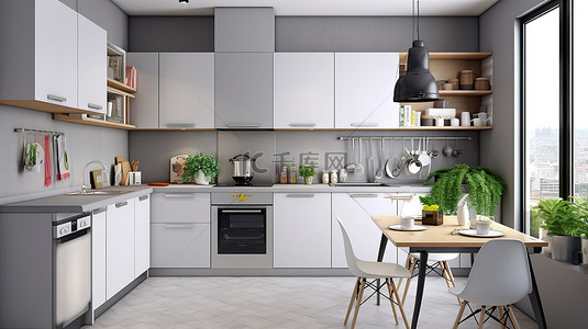 小厨房配有时尚的白色橱柜和时尚的阁楼灵感灰色墙壁 3D 渲染