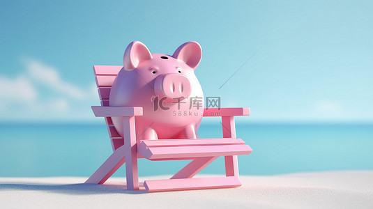 沙子上的储蓄，粉红色的存钱罐在沙滩椅上沐浴着阳光，靠着柔软的粉彩墙 3D 渲染
