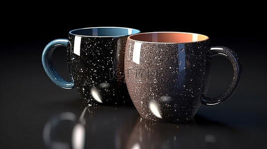 黑色背景上带有闪闪发光的彩色薄片的金属咖啡杯特写 3D 渲染