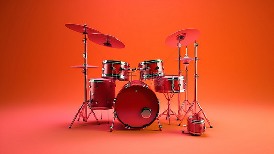 红色背景鼓套件的 3d 插图