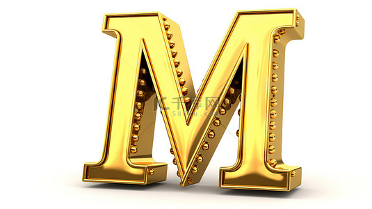 白色隔离背景上“m”形状的 3d 金色字母和数字