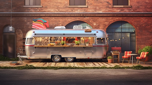 快餐自助餐厅背景图片_气流大篷车食品卡车对砖墙的 3D 渲染