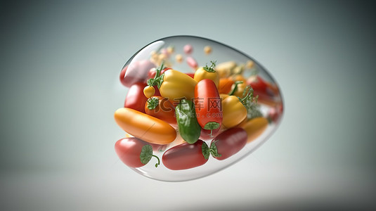 有益健康的蔬菜从象征着 3D 渲染的营养补充剂的胶囊中爆出
