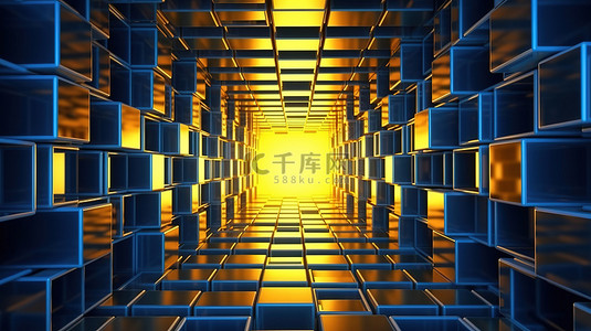 蓝色电路背景图片_带有金属方块的未来霓虹灯隧道飞过迷人的蓝色和黄色 3D 渲染的科幻隧道