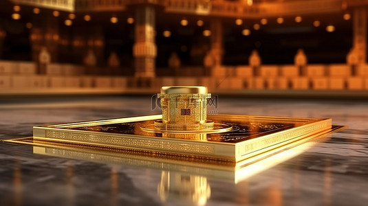 木制饰品背景图片_kaaba 启发的金色塔楼和 3d 木制讲台