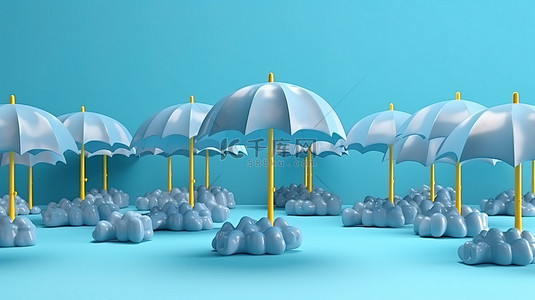 卡通风格的雨伞和雨云在 3D 渲染中描绘雨季