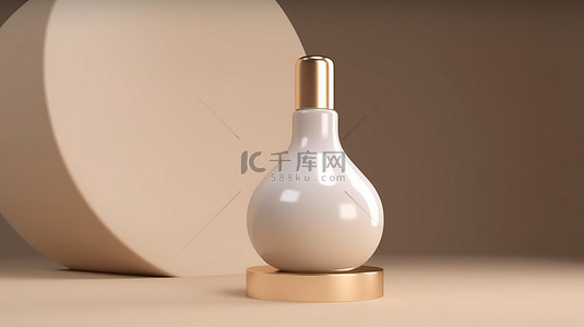 有机包装背景图片_最小米色背景上液滴瓶的 3D 渲染，在基座上展示美容护肤品包装