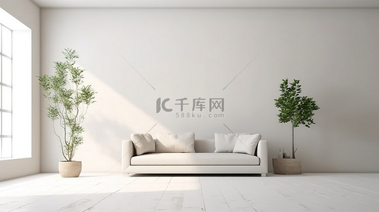 房屋背景背景图片_最小的客厅内部，带有空白的白墙 3D 渲染