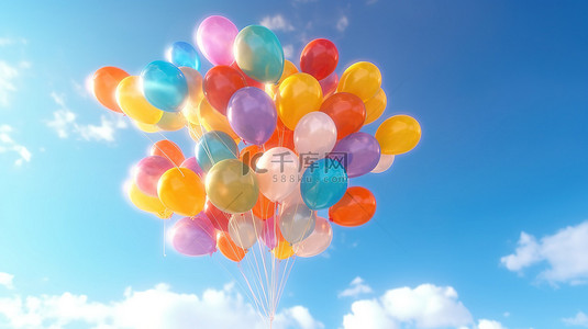 飞气球背景图片_阳光照射的气球飞向蓝天的 3d 渲染