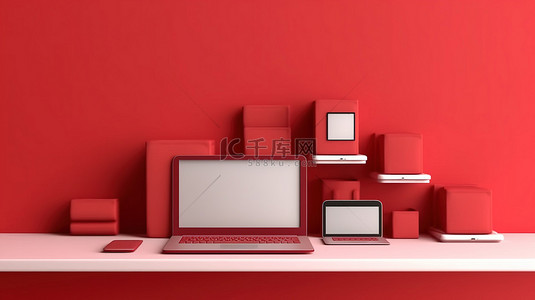 红色墙架以水平布局 3D 插图显示笔记本电脑手机和平板电脑