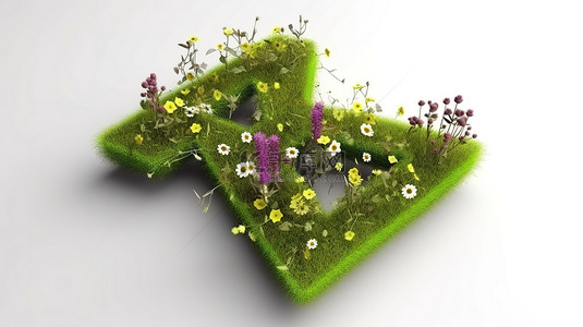 孤立主题标签的 3D 渲染，具有郁郁葱葱的绿草和充满活力的花朵