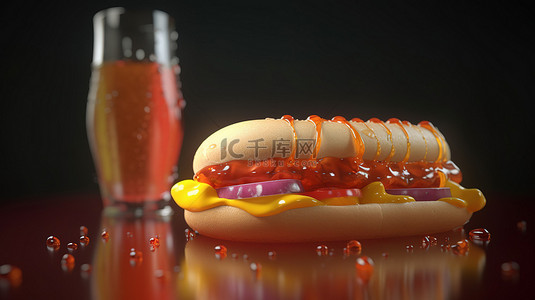 悬浮快餐汉堡热狗和软饮料的 3d 渲染