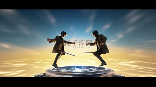 虚拟现实游戏男子在元界3D肖像插画中用刀剑拿奖